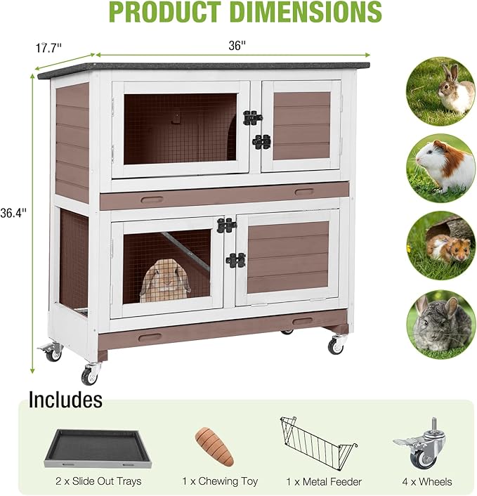 2-Story Rabbit Hutch Indoor Bunny Cage Wooden Guinea Pig House with Chew-Proof Ramp, Leakproof Slide-Out Trays, Lockable Caster Wheels for 1-3 Rabbits (Brown)-PurrikoPets