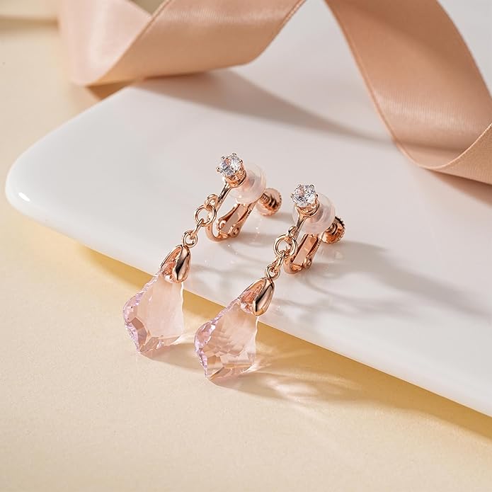 Austrian Crystal Baroque Drop Clip On Dangle Earrings for Women Non Pierced 14K Rose Gold Plated Hypoallergenic Jewelry