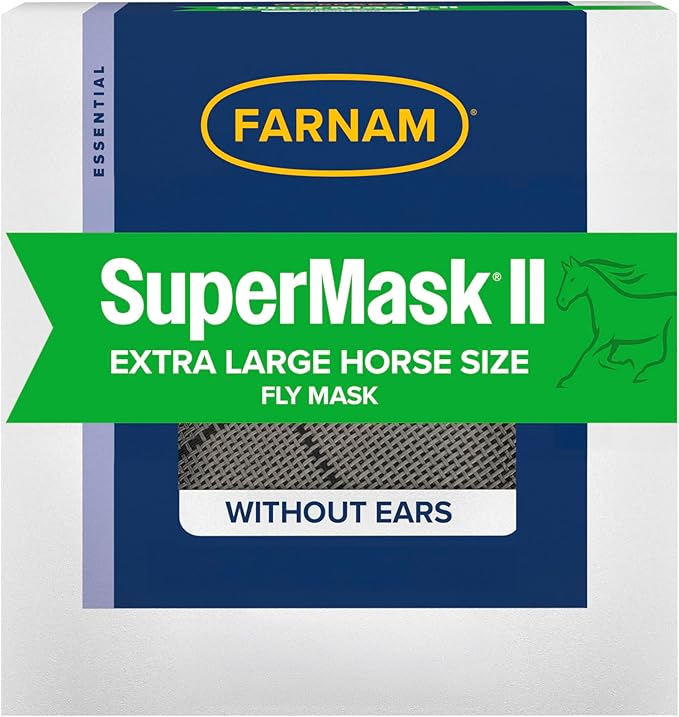 Farnam SuperMask II Fly Mask Without Ears for Larger Horses, Full Face Coverage and Eye Protection from Insect Pests, Structured Classic Styling Mesh with Plush Trim, XL Size-PurrikoPets