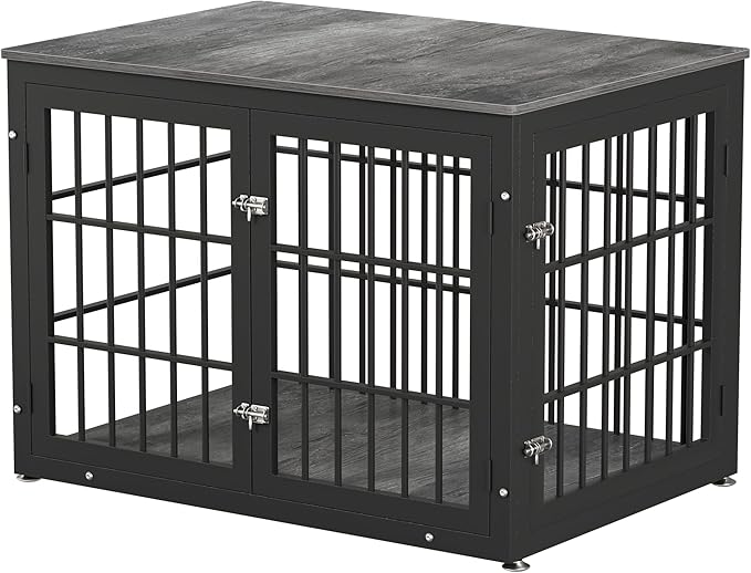 42 Inch Heavy Duty Dog Crate Furniture for Large and Medium Dogs, Decorative Pet House End Table, Wooden Cage Kennel Furniture Indoor, Gray-PurrikoPets