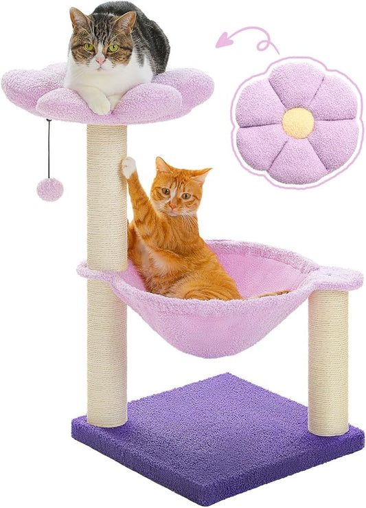Flower Cat Scratching Post, 28" Cute Cat Tree Tower for Indoor Cats with Large Hammock Soft Perch Bed, Replaceable Toy Ball for Kittens, Purple-PurrikoPets