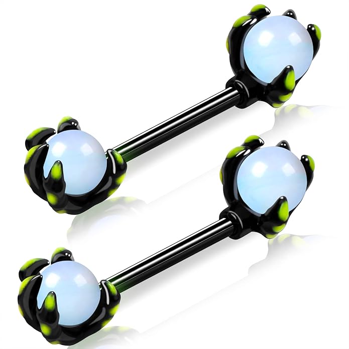 OUFER 14G Nipple Rings - 316L Surgical Steel Piercing Jewelry, 2PCS Pink Opals Surrounded by Dragon Claws Barbell