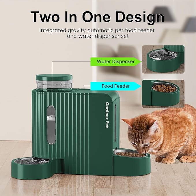 Gardner Pet Automatic Gravity Cat Food Feeder and Water Dispenser Stainless Steel Two-in-One Set Large Capacity Dispenser for Pets Dogs, Puppies, Kittens-PurrikoPets