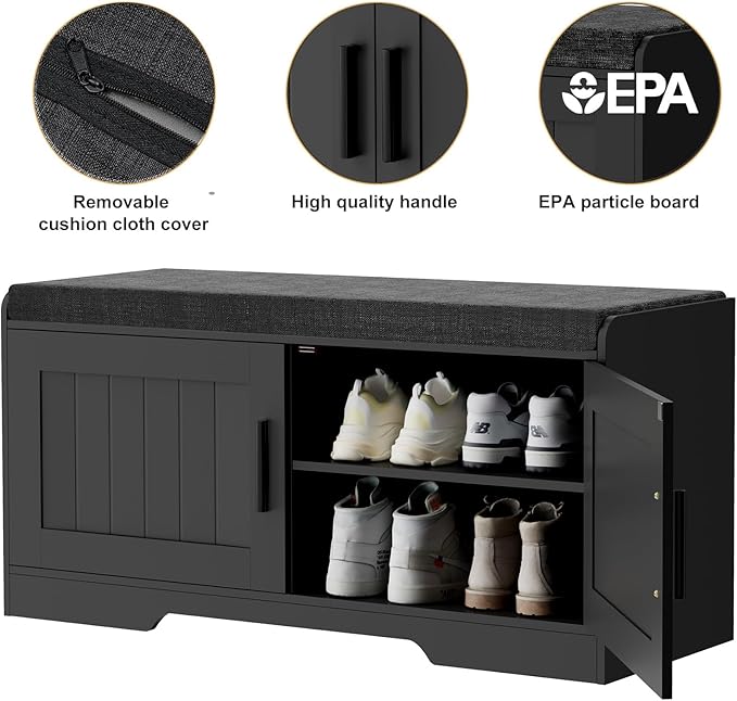 2-Tier Storage Bench, Shoe Bench with Thickened Padded Seat Cushion, Entryway Bench with 2 Doors, Adjustable Shelf, 13.8" D x 37.4" W x 18.5" H, for Entryway, Living Room, Bedroom, Black-PurrikoPets