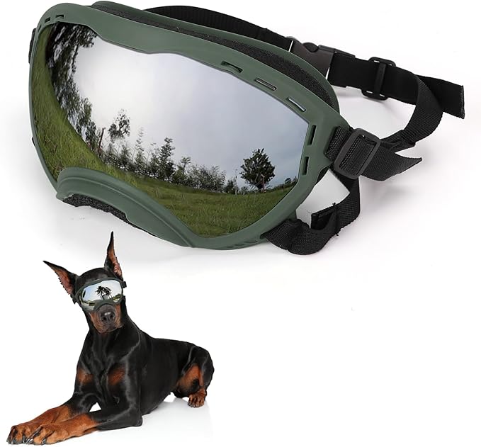 Dog Goggles for Large Dogs, UV Wind Dust Fog Protection, Soft Frame Adjustable Dog Sunglasses, Summer Driving & Winter Snow Eyewear, Tactical Pet Glasses with Elastic Strap (Green)-PurrikoPets