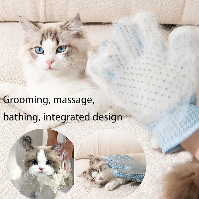 2 Pcs [2-in-1] Pet Hair Removal Gloves - Five Finger Massage Design Pet Beauty Gloves, Suitable for pet dogs and cats to prevent hair tanglings (Blue)-PurrikoPets