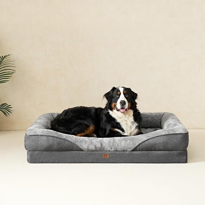 EHEYCIGA Memory Foam XL Dog Bed for XLarge Sized, Extra Large Orthopedic Dog Sofa with Sides and Waterproof Liner, Washable Bolster Pet Bed Couch with Removable Cover, 42x30x7.5 Inch, Grey-PurrikoPets