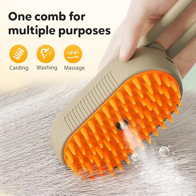 3-In-1 Rechargeable Steamy Cat Brush, Deep Cleaning & Hair Removal System with Rotating Handle, 360° Massage for Cats & Dogs (Cream)-PurrikoPets