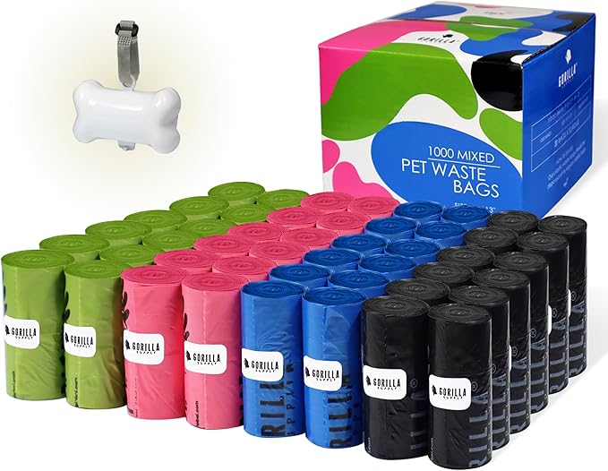 GORILLA SUPPLY 1000 multicolor poop bags for dogs with Dispenser and Leash Tie, 9" x 13", Mixed-PurrikoPets