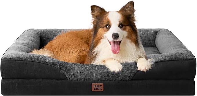 EHEYCIGA Memory Foam Dog Bed for Large Sized, Orthopedic Dog Sofa with Sides and Waterproof Liner, Washable Bolster Pet Couch with Removable Cover, 41x27x7.5 Inch, Grey/Black-PurrikoPets