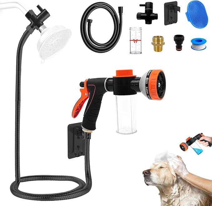 Dog Washing Hose Attachment for Pet Bathing with Black Shower Diverter, Pup Dog Wash Hose Nozzle Shampoo Sprayer for Indoor Outdoor Pet Shower, Dog Shower Attachment with Dog Brush-PurrikoPets