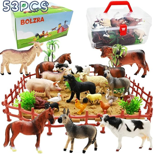 Farm Animal Figurines, Realistic Plastic Animals Toys with Fences Building Blocks, Farm Figures Playset Educational Birthday Gift for Kids & Toddlers, 53 PCS-PurrikoPets