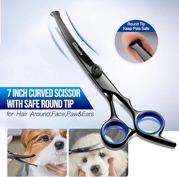Gimars Dog Grooming Scissors Kit Professional 4CR with Safety Round Tip, 5 in 1 Heavy Duty Titanium Coated Thinning & Curved & Straight Shears-PurrikoPets