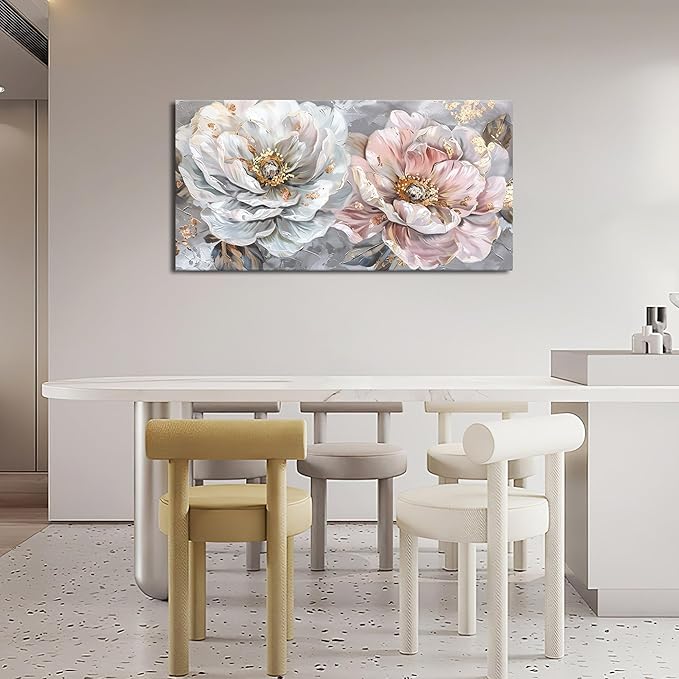 Extra Large Flower Wall Art Pink and White Floral Canvas Living Room Golden Pictures Framed Prints Oversize Wall Decor Big Painting Artwork for Bedroom Dining Office Home 60"x30"-PurrikoPets