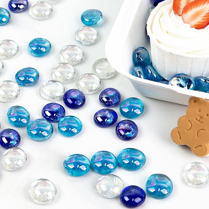 FUTUREPLUSX 1LB Iridescent Flat Glass Marbles, Blue Mixed Glass Beads Vase Fillers Decorative Gem Pebbles Sparkling Floral Fish Tank Rocks for Vases Table Scatter Aquarium Decor DIY Craft-PurrikoPets