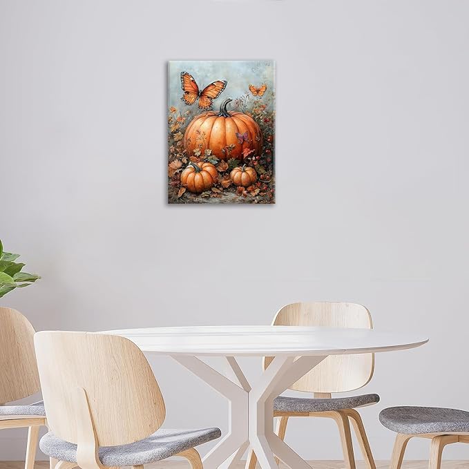 Fall Pumpkin Pictures Wall Art, Rustic Thanksgiving Bathroom Wall Decor, Farmhouse Autumn Butterfly Framed Painting Canvas Artwork for Harvest Gift Bedroom Living Room Decorations 16"L x 12"W-PurrikoPets