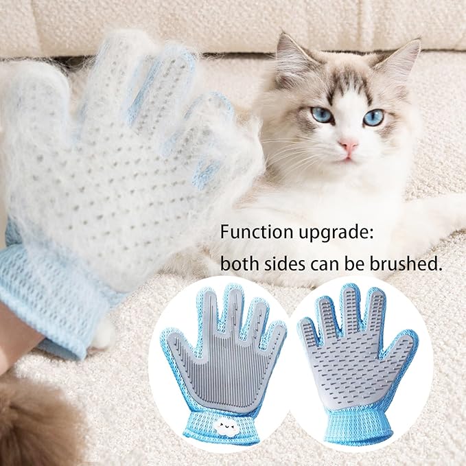 2 Pcs [2-in-1] Pet Hair Removal Gloves - Five Finger Massage Design Pet Beauty Gloves, Suitable for pet dogs and cats to prevent hair tanglings (Blue)-PurrikoPets