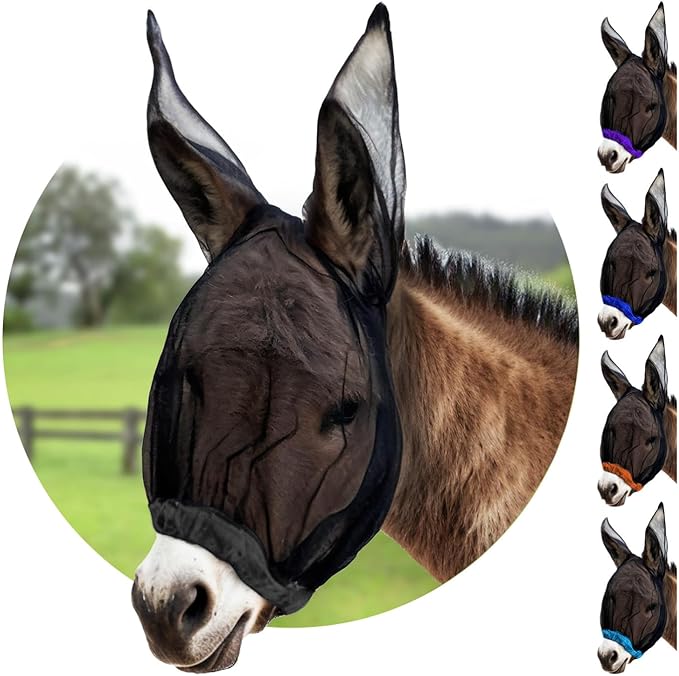 Donkey Fly Mask with Long Ears (Black) Made in USA - Mule Fly Mask with Ears Protection from Insects and Bugs, Mini Donkey Soft Mesh Fabric with Adjustable Fastener, Face Cover Supplies for Donkeys-PurrikoPets