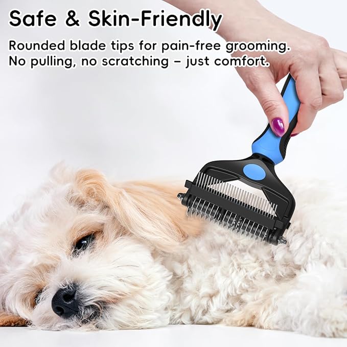 3-in-1 Pet Deshedding Tool – Grooming Brush for Dogs & Cats with Undercoat Rake & Dematting Comb (Blue)-PurrikoPets
