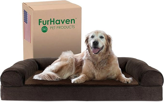 Furhaven Cooling Gel Dog Bed for Large Dogs w/ Removable Bolsters & Washable Cover, For Dogs Up to 95 lbs - Sherpa & Chenille Sofa - Coffee, Jumbo/XL-PurrikoPets