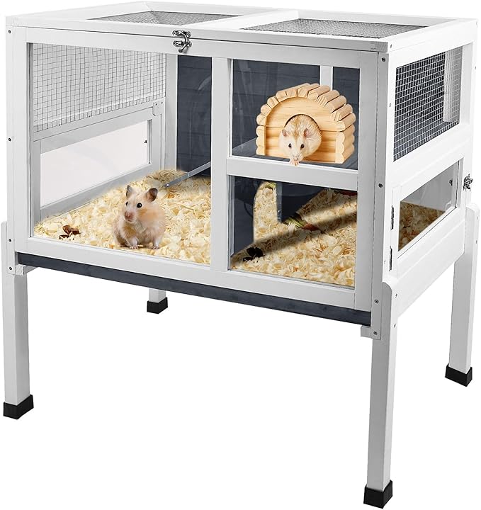 2-Story Guinea Pig Cage with Stand, Indoor Wooden Hamster Cage with Ramp, Pull-Out Tray, Hideout & Platform, Acrylic Transparent Small Animal Habitat for Chinchillas, Ferrets, Hedgehogs,Grey-PurrikoPets