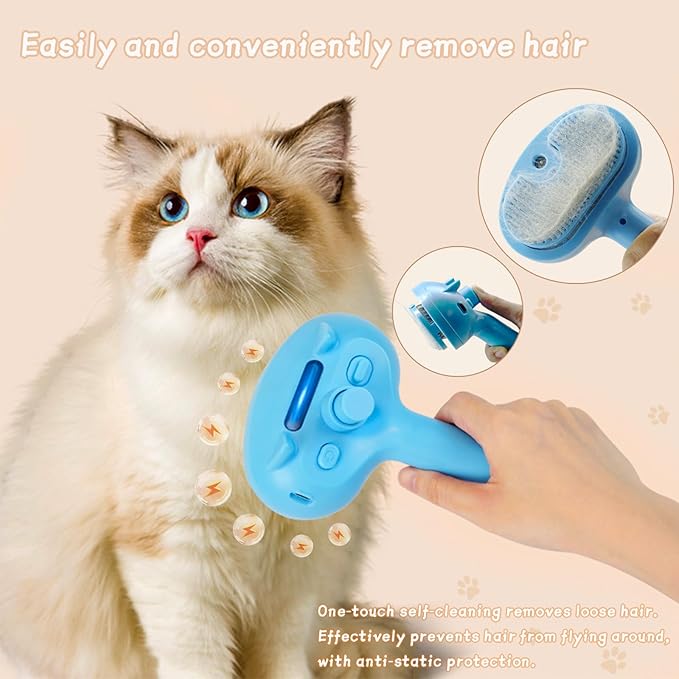 5-in-1 Pet Steam Brush for Cats & Dogs – Grooming, Shedding, Massage & One-Touch Clean for Short & Long Hair Pets – Electric Cat Brush with Comb & Steam (Blue)-PurrikoPets