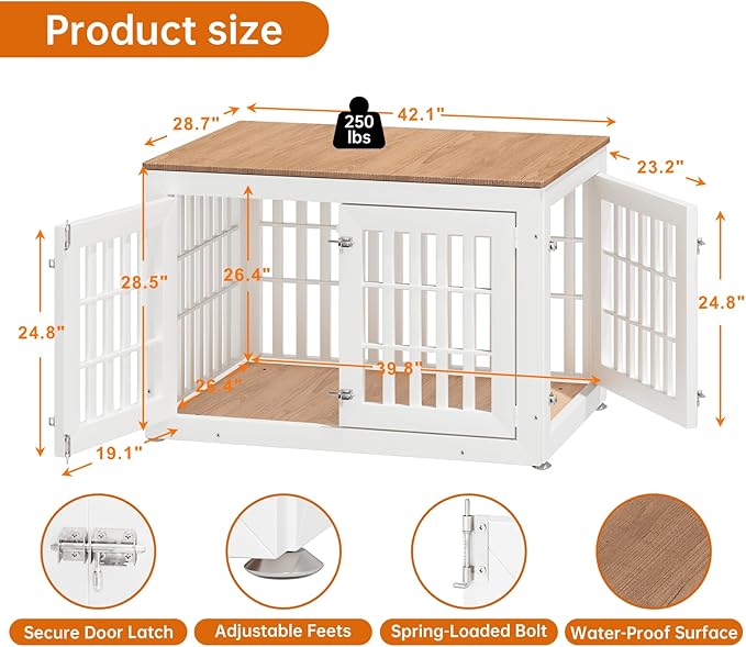 42" Heavy Duty Dog Crate Furniture for Small,Medium and Large Dogs,Rustic Wooden Dog Cage Kennel Indoor Furniture with Waterproof Top,Decorative Pet House Side End Table (White & Wood)-PurrikoPets