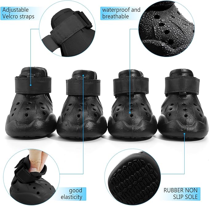 Dog Shoes, Dog Sandals for Hot Pavement, Non-Slip Waterproof Dog Booties for Winter Snowy Day and Summer, Adjustable Straps Easy-Clean Beach Outdoor Pet Boots Rugged Sole-4Pcs Black-PurrikoPets