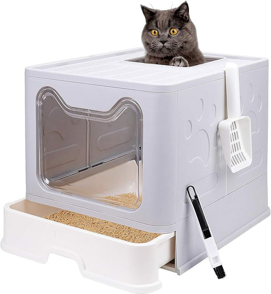 Foldable Cat Litter Box with Lid, Enclosed Potty, Large Top Entry Anti-Splashing Toilet, Easy to Clean Including Litter Scoop and 2-in-1 Cleaning Brush (Grey)-PurrikoPets