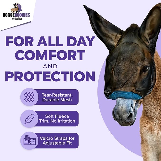 Donkey Fly Mask with Long Ears (Purple) Made in USA - Mule Fly Mask with Ears Protection from Insects and Bugs, Mini Donkey Soft Mesh Fabric with Adjustable Fastener, Face Cover Supplies for Donkeys-PurrikoPets