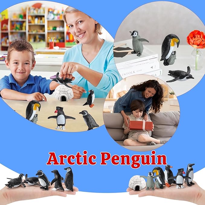 11PCS Penguin Toys, Plastic Arctic Animal Penguin Figures for Kids, Realistic Polar Animals Penguin Figurines Set with Igloo Model, Cake Topper Winter Miniature Toys Decoration-PurrikoPets