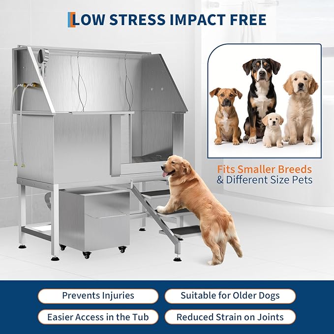 50" Stainless Steel Professional Dog Washing Station - Pet Bathing Tub w/Non-Slip Stairs & Storage Shelf | Slip-Resistant Floor Grate | for Large/Medium/Small Dogs-PurrikoPets