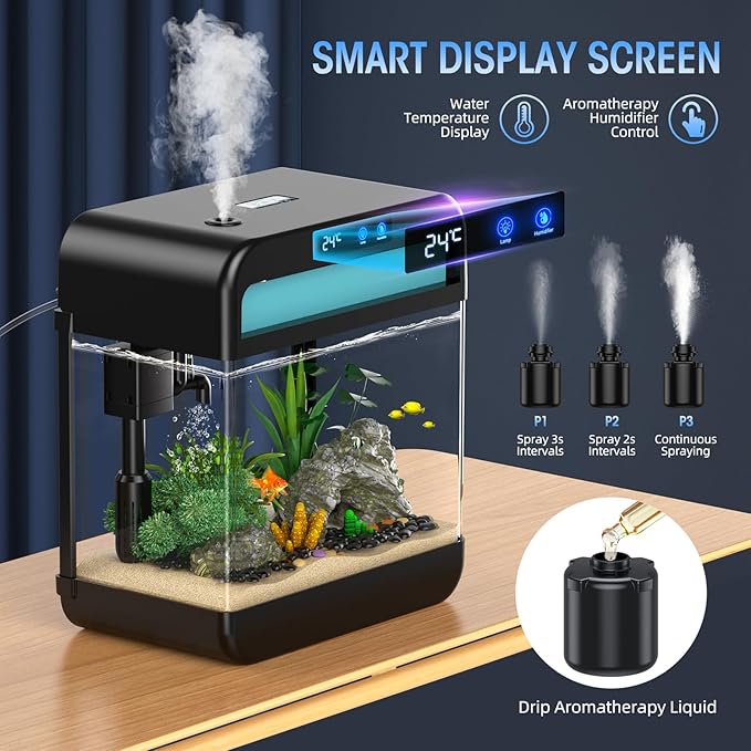 Fish Tank 2.2 Gallon Fish Bowl with Humidifier 7 Color Auto-Looping Light 3 in 1 Quiet Pump with Filteration & Oxygenation & Circulation, Temperature Display, HD Float Glass, Thickened Base-PurrikoPets