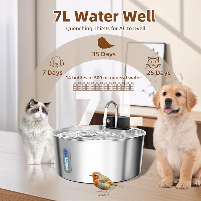 Dog Water Fountain Stainless Steel: 7L/236oz Cordless Large Dog Water Bowl Dispenser Automatic Cat Pet Water Fountain Indoor with Deeper Drinking Area, Multi-Pet Water Fountain with Ultra-Quiet Pump-PurrikoPets