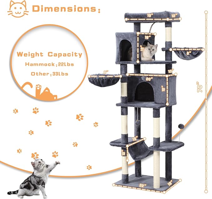 70-Inch Cat Tree,Large Cat Tree Tower with Hammock, Scratching Post, Condo and Multi-Level Cat Tower for Large Cats, Cat Activity Center Playhouse, Dark Gray LCT016-PurrikoPets
