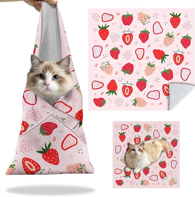 27.6" Cat Grooming Wrap, Self Adhesive Cat Wrap for Cutting Nails, Anti-Escape Calming Cat Swaddle Wrap for Medicine Ear Cleaning, Strawberry Anti-Scratch Cats Burrito Restraint Blanket, Pet Tool-PurrikoPets