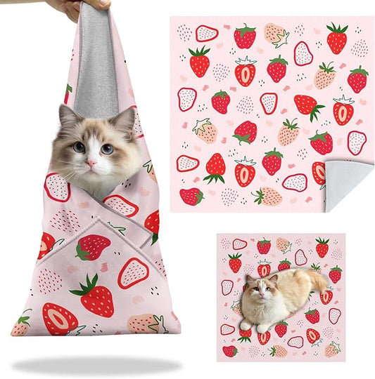 27.6" Cat Grooming Wrap, Self Adhesive Cat Wrap for Cutting Nails, Anti-Escape Calming Cat Swaddle Wrap for Medicine Ear Cleaning, Strawberry Anti-Scratch Cats Burrito Restraint Blanket, Pet Tool-PurrikoPets