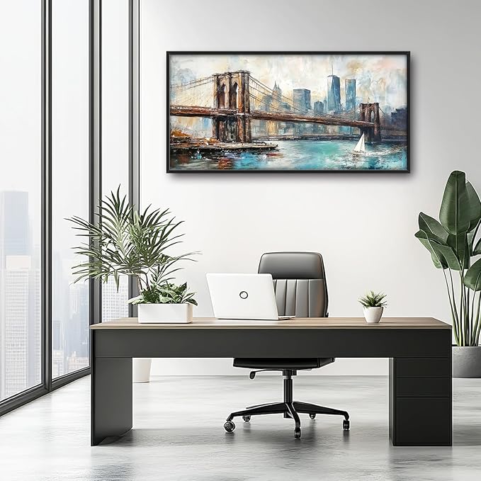 Extra Large Framed Brooklyn Bridge Wall Art,New York City Wall Decor,Abstract Skyline Cityscape Pictures for Living Room,Canvas Print Painting Modern Artwork Bedroom Office Bathroom 60L x30W-PurrikoPets