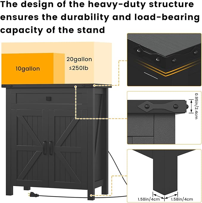 20 Gallon Aquarium Stand With Charging Station, Farmhouse Fish Tank Stand, Reptile Tank Stand Terrarium Stand with Drawer and Cabinet Storage, Sturdy Heavy Duty 27.6"×15.7" Tabletop - Black-PurrikoPets
