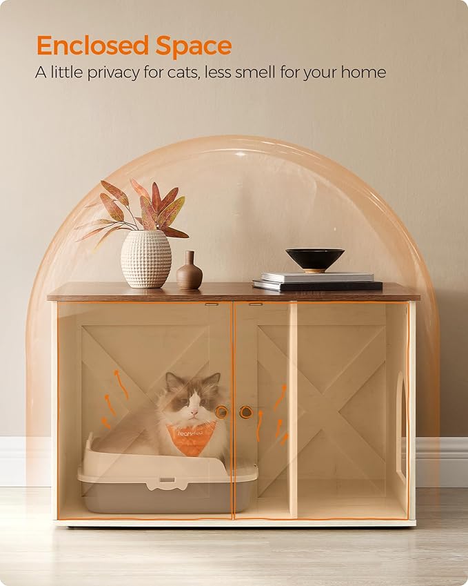 Feandrea Cat Litter Box Enclosure, Litter Box Furniture Hidden with Removable Divider, Indoor Cat House, End Table, 31.5 x 20.9 x 19.7 Inches, Honey Brown and Rustic White UPCL002P01-PurrikoPets