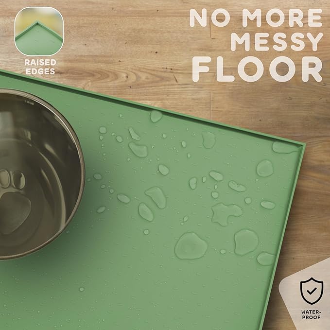 Dog Food Mat - 28x18 Raised Edges Dogs Mat for Food and Water Prevent Spill, Waterproof Cat Food Mats Protect Floors, Easy Clean Dog Bowl Mats for Food and Water, Silicone Pet Feeding Placemats Green-PurrikoPets