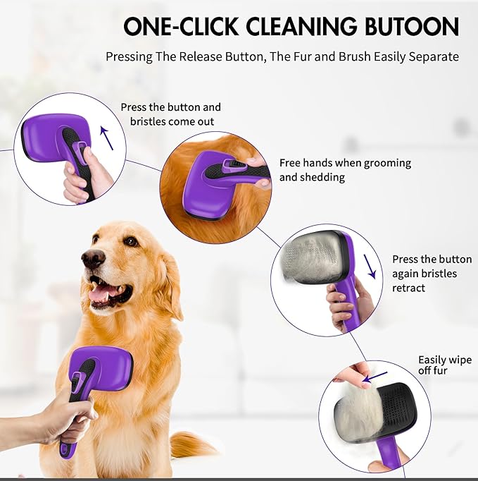 3 PCS Dog Grooming Brush Kit – Self Cleaning Slicker Brush for Shedding Short & Long Haired Dogs & Cats. Removes Loose Fur, Undercoat, Mats, Tangles for Small, Medium & Large Pets. Purple-PurrikoPets