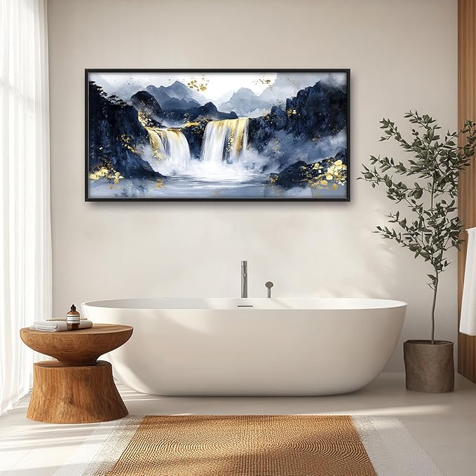 Extra Large Abstract Golden Waterfall Framed Wall Art for Living Room,Oversized Foggy Mountain Pictures Wall Decor,Canvas Print Painting Modern Artwork Bedroom Office Bathroom 60L" x 30W"-PurrikoPets
