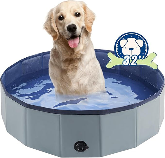 Foldable Dog Bath Swimming Pool Plastic Kiddie Pool Professional Tub Collapsible Grooming Bathtub for Pets Kids Baby and Toddler, 32 x 8 Inches Gray-PurrikoPets