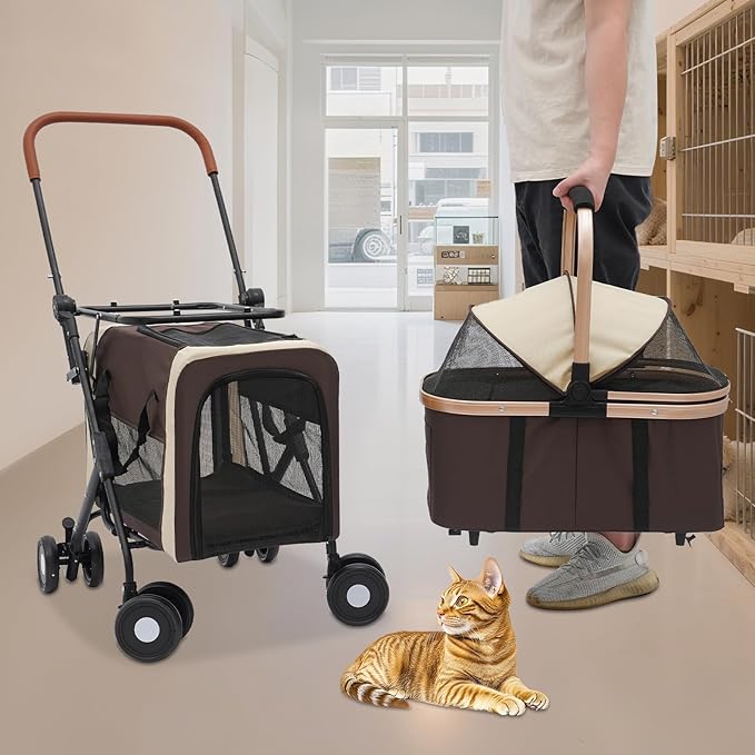 2-Layers Pet Stroller for 2 Cats/Dogs,Foldable Lightweight 77lbs Capacity Carrier, 4 Wheels, Removable Basket & Storage Pocket,for Small Pets (Coffee)-PurrikoPets