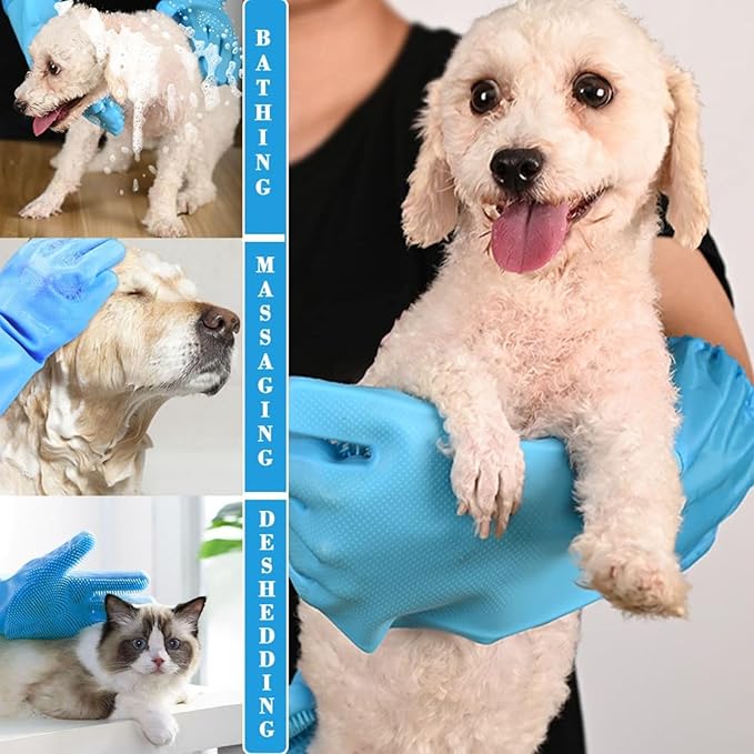 Dog Washing Gloves, Pet Grooming Gloves with Soft Brushes, Bathing and Massaging for Dogs and Cats, Silicone Heat Resistant Cleaning Gloves with High-Density Teeth (Blue)-PurrikoPets
