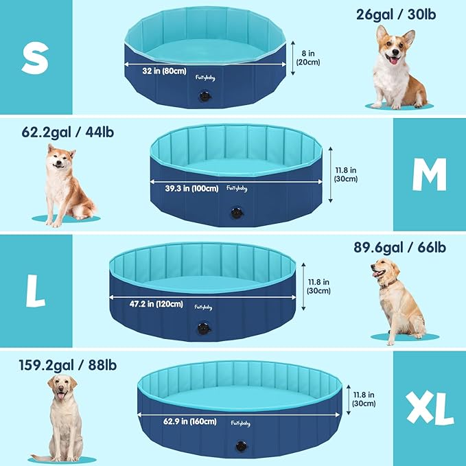 Furrybaby Dog Pool, Kiddie Pool with Hard Plastic Foldable Dog Bath Tub Portable for Dogs, Kids and Pet Swimming (Navy 39'') Indoor and Outdoor-PurrikoPets