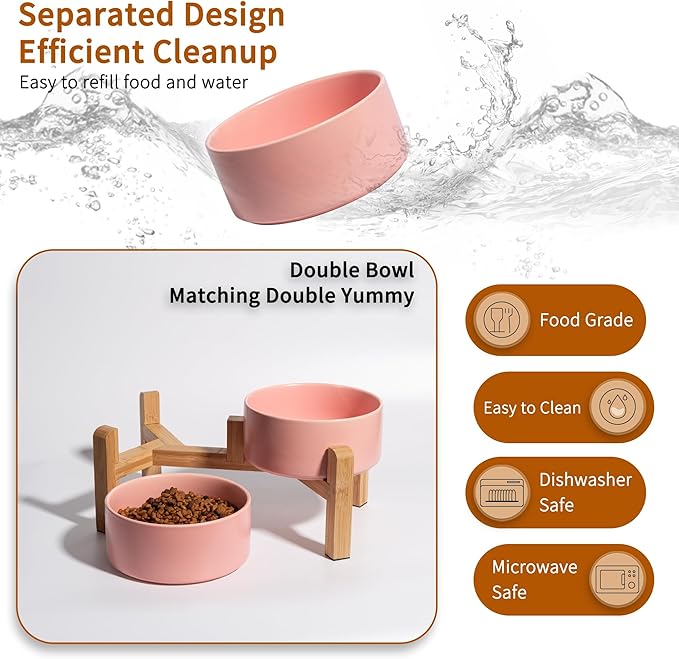 Elevated Ceramic Dog Bowl Set - Raised Dog Bowls with Non-Slip Bamboo Stand - Dog Food and Water Bowl Set - Double Dog Feeding Bowls - Suitable for Small and Medium Dogs - 28.74 OZ - 3.6 CUPS - 850 ML-PurrikoPets