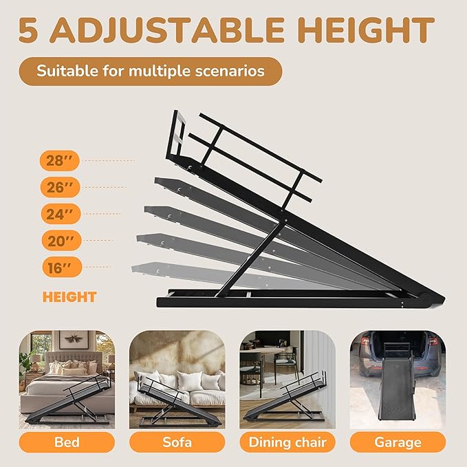 Dog Ramp for Bed, 5 Level Adjustable Dog Ramp for High Beds, Upgrade Rubber Mat High Traction Ramp with Safety Rails, Folding Pet Ramp for Bed, Couch,SUV, Natural Wood Pet Ramp for Small & Old Dogs-PurrikoPets