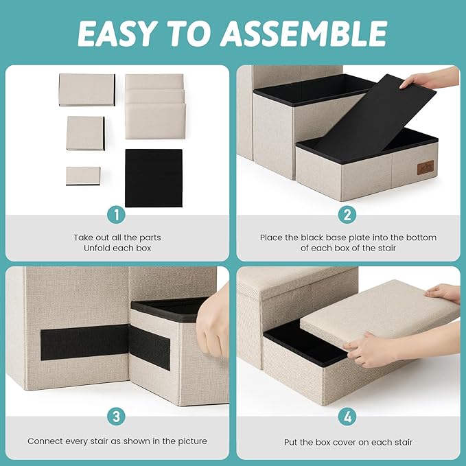 Dog Stairs with Storage, 3-Step Wider Sturdy Dog Steps for Small/Medium/Large Dogs and Older Cats, Folding Doggie Ramp for Bed/Couch/Car Hold Up to 180 lbs (16.7" H, Beige)-PurrikoPets